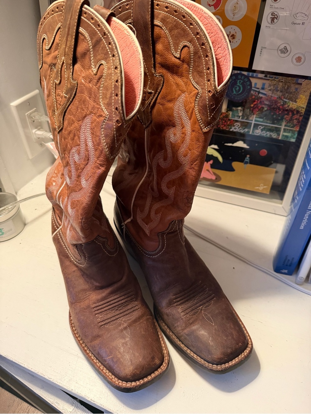 Ariat Brown Leather Cowboy Boots with Pink Topline